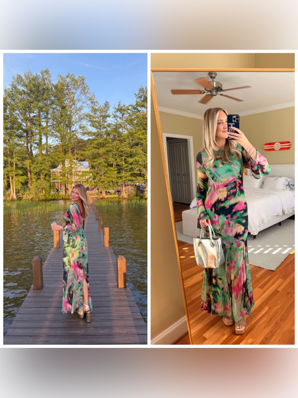 The Wolf Gang Giselle Bell Sleeve Maxi Tie Dye Green Maxi Dress Small